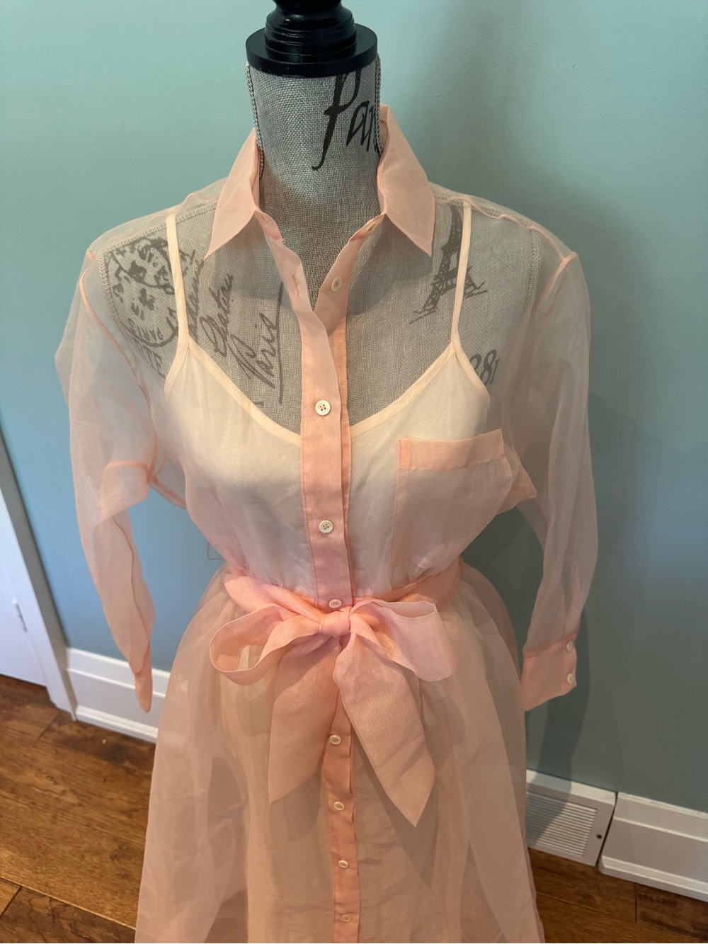 Maje Revani Sheer Blush Pink Button-Up Tie-Waist Organza Shirt Dress